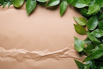 Fototapeta premium Green leaves and crumpled paper on carton top view