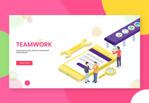 Isometric Illustration Of Business People Maintain Mobile Data With Repairing Tool For Teamwork Concept Based Landing Page.