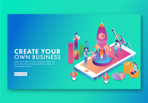 Business People Launching A Rocket From Smartphone with Coins and Info-graphic For Startup Concept Based Landing Page.