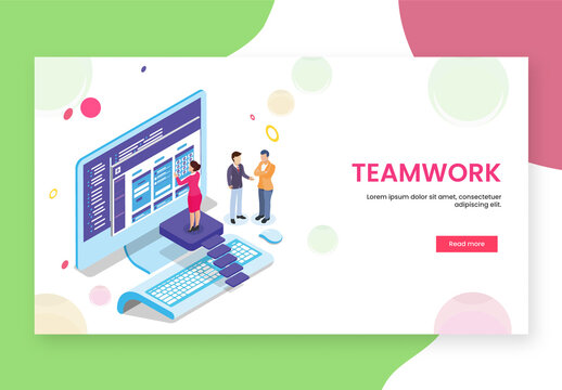 Teamwork Concept Based Landing Page With Business Woman Maintain Website in Desktop And Men Discussing.