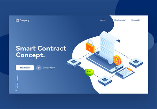 Smart Contract Concept Based Landing Page With Isometric View Of Online E-Contract From Laptop And Data Security.