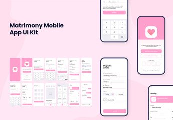 Matrimony App UI Kit for Responsive Mobile App or Website with Different Screens as Login, Create User Profile Details.
