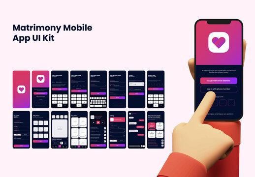 Matrimony App UI Kit for Responsive Mobile App or Website with Different Screens as Login, Create User Profile Details.
