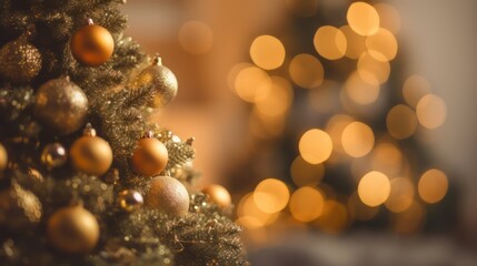 Christmas tree in white frost decorated golden color theme with blurred bokeh background