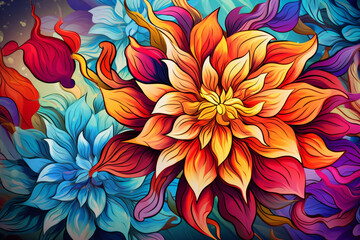 Vector colorful flower artwork. Blossoms burst forth in a riot of hues, each petal a canvas of intricate patterns and gradients.