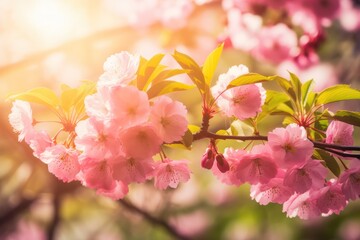 Fototapeta na wymiar Colorful spring background with frame of pink cherry blossoms and morning soft light wallpaper background