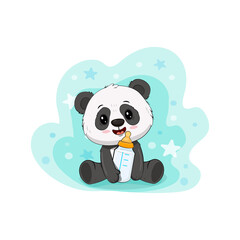 Cute cartoon panda cub on a blue background. Panda bear with a bottle of milk.