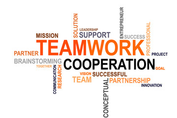 A vibrant word cloud with the words "teamwork" and "cooperation" arranged in various sizes and colors. The words radiate positivity and unity, symbolizing the essence of collaborative work.