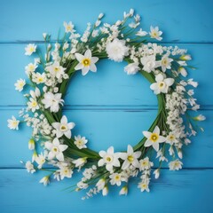 Creative floral summer spring composition,wreath of white flower on blue wooden background