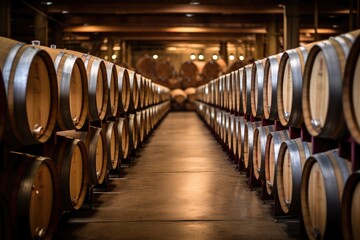 Wooden oak barrels for wine in the cellar