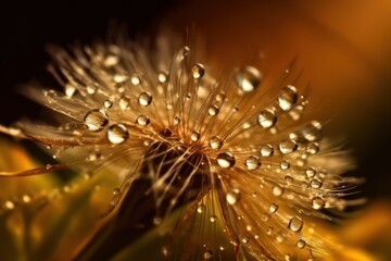 Golden dandelion with drops of dew in a gold color theme,beautiful wallpaper background about dandelion and dew