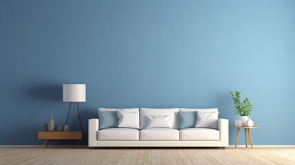 Fototapeta na wymiar View of room space with white sofa set Blue wall