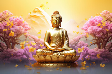 Glowing golden buddha and colorful flowers decoration - obrazy, fototapety, plakaty