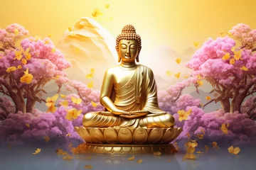 Tuinposter Glowing golden buddha and colorful flowers decoration © Kien