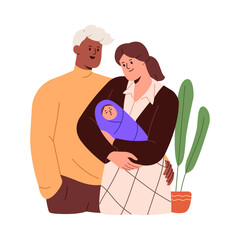 Happy young family, relationship. Couple hugs, parents embracing, mother cuddle newborn, mom hold baby in hands. Dad looking at his kid. Flat isolated vector illustration on white background