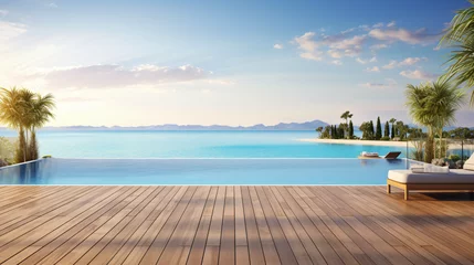 Foto auf Alu-Dibond View of the blue pool and wood terrace on sea view © Salman