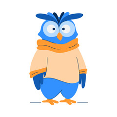 Cute Blue Owl character in yellow sweater, isolated on white background