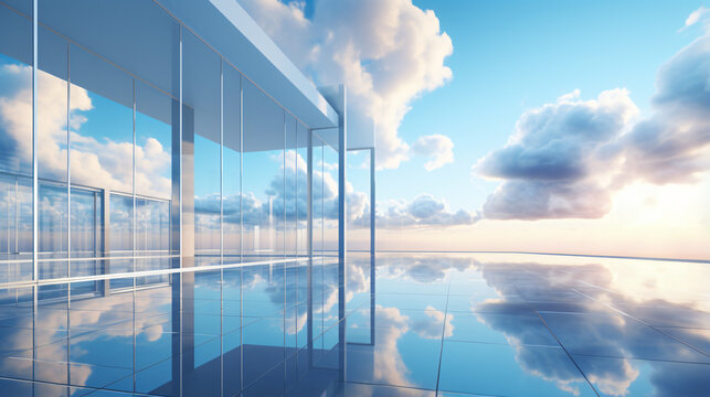 View of the clouds reflected in the glass office building