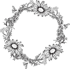 Vector graphic minimalistic frame of hand-drawn garden flowers and a bee for inscriptions, wishes and invitations