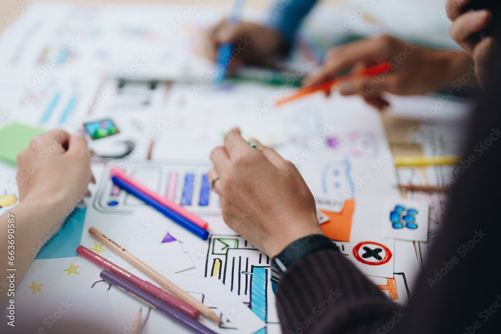 Wall mural team of creative web, graphic designer planning for mobile phone, drawing website ux ui app for mobi