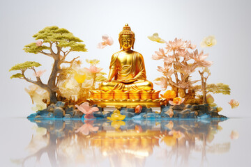Glowing golden buddha and colorful flowers decoration