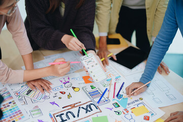 Team of Creative Web, Graphic Designer planning for mobile phone, drawing website ux ui app for mobile phone application and development template layout, process to developing prototype wireframe.