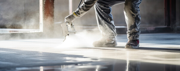 Worker as a floor specialist use new floors primer. generative ai - obrazy, fototapety, plakaty