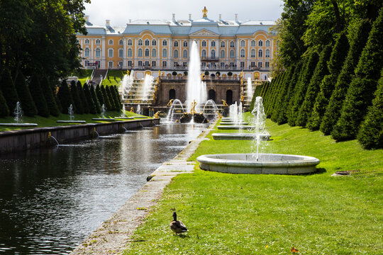 Grand Cascade and Grand Palace of the Palace and Park Ensemble in Peterhof, St. Petersburg, Russia