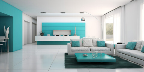 Bright turquoise modern interior home design with sofa, lamp and decoration, much light and shadows 