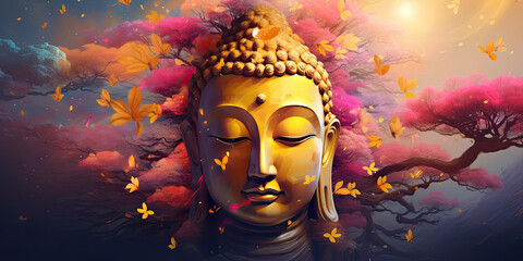 Glowing golden buddha and colorful flowers decoration