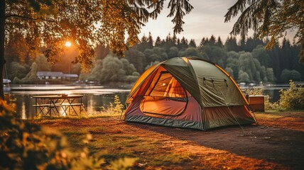 a tent for camping in a riverside woodland. . - Powered by Adobe