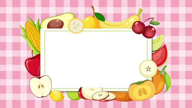Colorful fruit border animation on a pink plaid background.