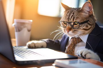 Cute tabby cat in formal suit look like a busy CEO businessman working with laptop computer, cat or introvert people at work concept for humorous advertisements. - obrazy, fototapety, plakaty
