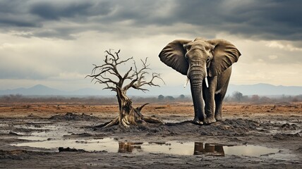 on a tree, a lone elephant. .