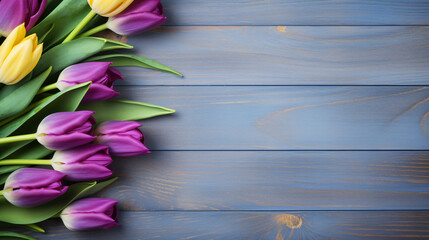 Violet tulip flowers on blue wooden background