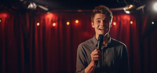 Young Caucasian male comedian performing his stand-up monologue on a stage of a small venue