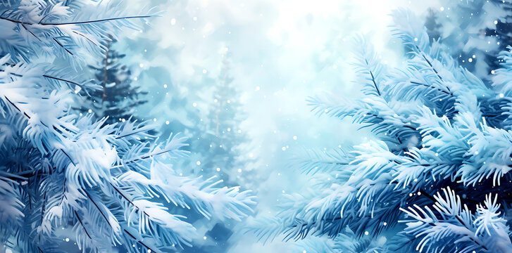 Snowy winter Christmas background with pine trees, snowy winter scenes, naturalistic backgrounds, snow scenes. Illustration AI Generative.