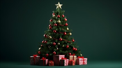 Naklejka premium Christmas Tree with red decorations and presents on green background mockup banner, Merry Christmas Holiday theme 
