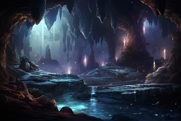 Fotobehang A breathtaking aerial view of a hidden cave with glowing crystals and shimmering gems at nighttime, capturing stunning fantasy-like serenity. Generative AI © Gable