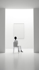 Woman sitting on a chair in front of a white wall with a white picture, simple and calm concept