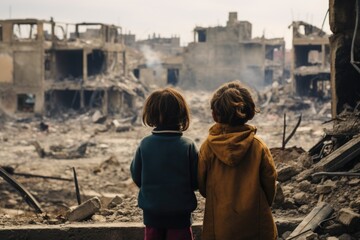 Children observing the destruction in a city, with smoldering wreckage. Feeling of sadness