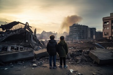 Two children looking at a destroyed city, still smoldering, seen from behind. Desolation, sadness - obrazy, fototapety, plakaty