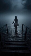 View from behind of a woman entering the water at night, from a wooden walkway. Feeling of mystery, fear - obrazy, fototapety, plakaty