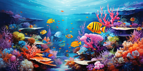 Naklejka na ściany i meble Beautiful coral reef and colorful tropical fishes