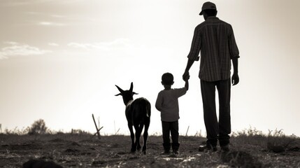 A father and son on a farm, observing the animals, seen from behind. - obrazy, fototapety, plakaty