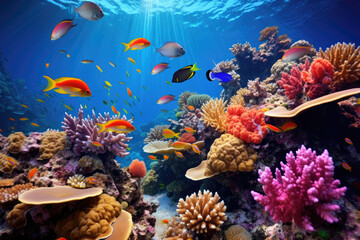 Beautiful coral reef and colorful tropical fishes - obrazy, fototapety, plakaty