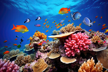 Naklejka na ściany i meble Beautiful coral reef and colorful tropical fishes