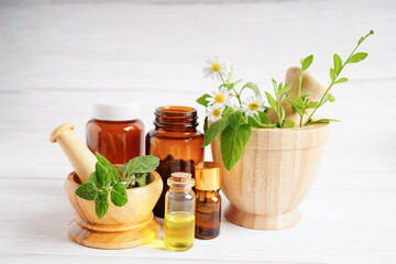 Alternative medicine herbal organic capsule with vitamin E omega 3 fish oil, mineral, drug with herbs leaf natural supplements for healthy good life.