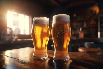 Two glasses of beer in a pub, AI generated