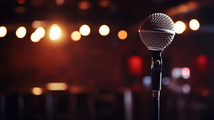 a microphone for singing stands on stage in the bright light of spotlights, performance, stand-up concert, karaoke, music, technology, device, hall, rehearsal, acting, show, broadcast, theater, club - obrazy, fototapety, plakaty